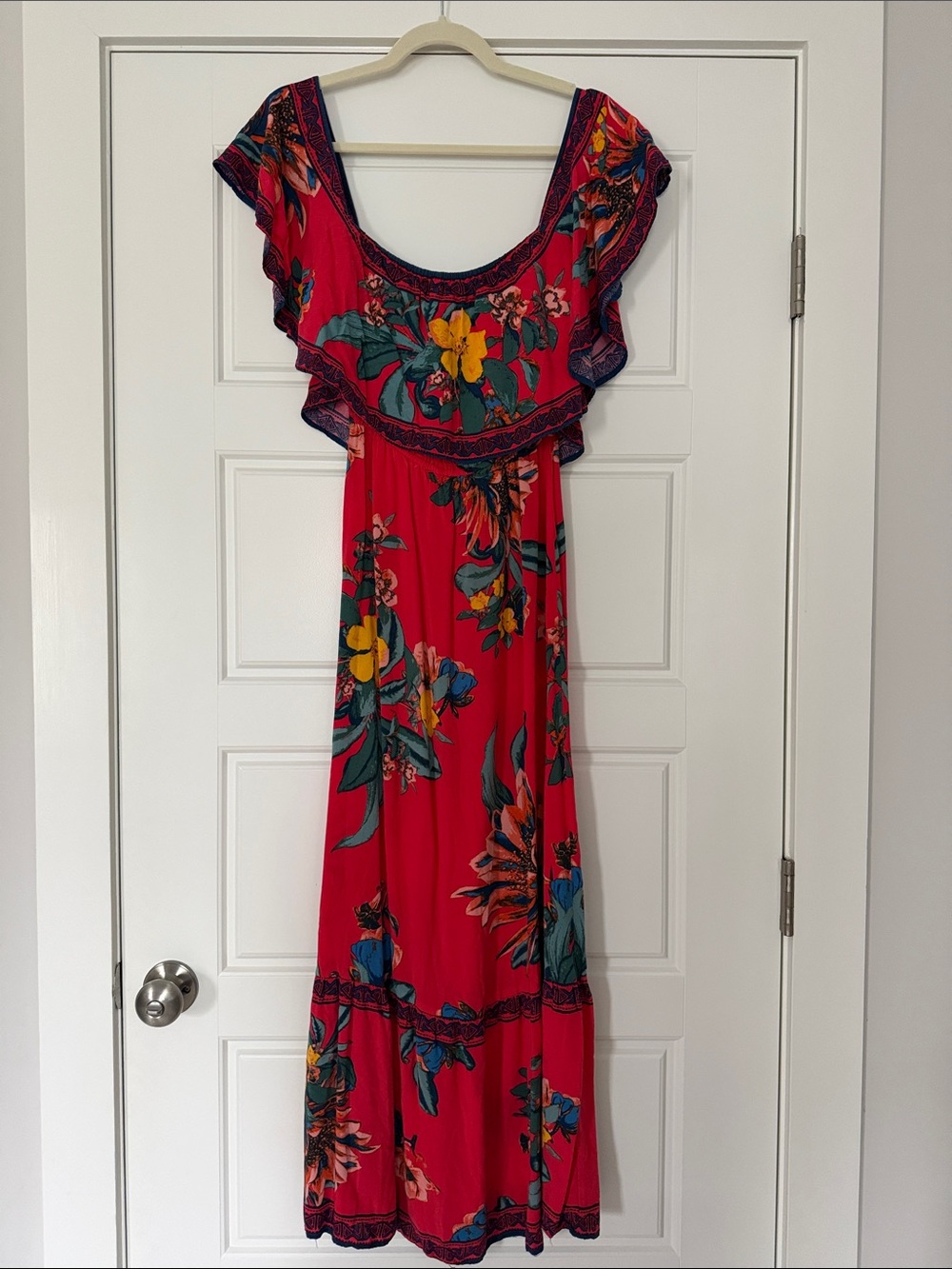 Flying Tomato Bright Red Floral Maxi with Yellow & Teal Accents